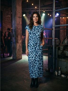 Blue Leopard Print Knot-Front Women's Dress